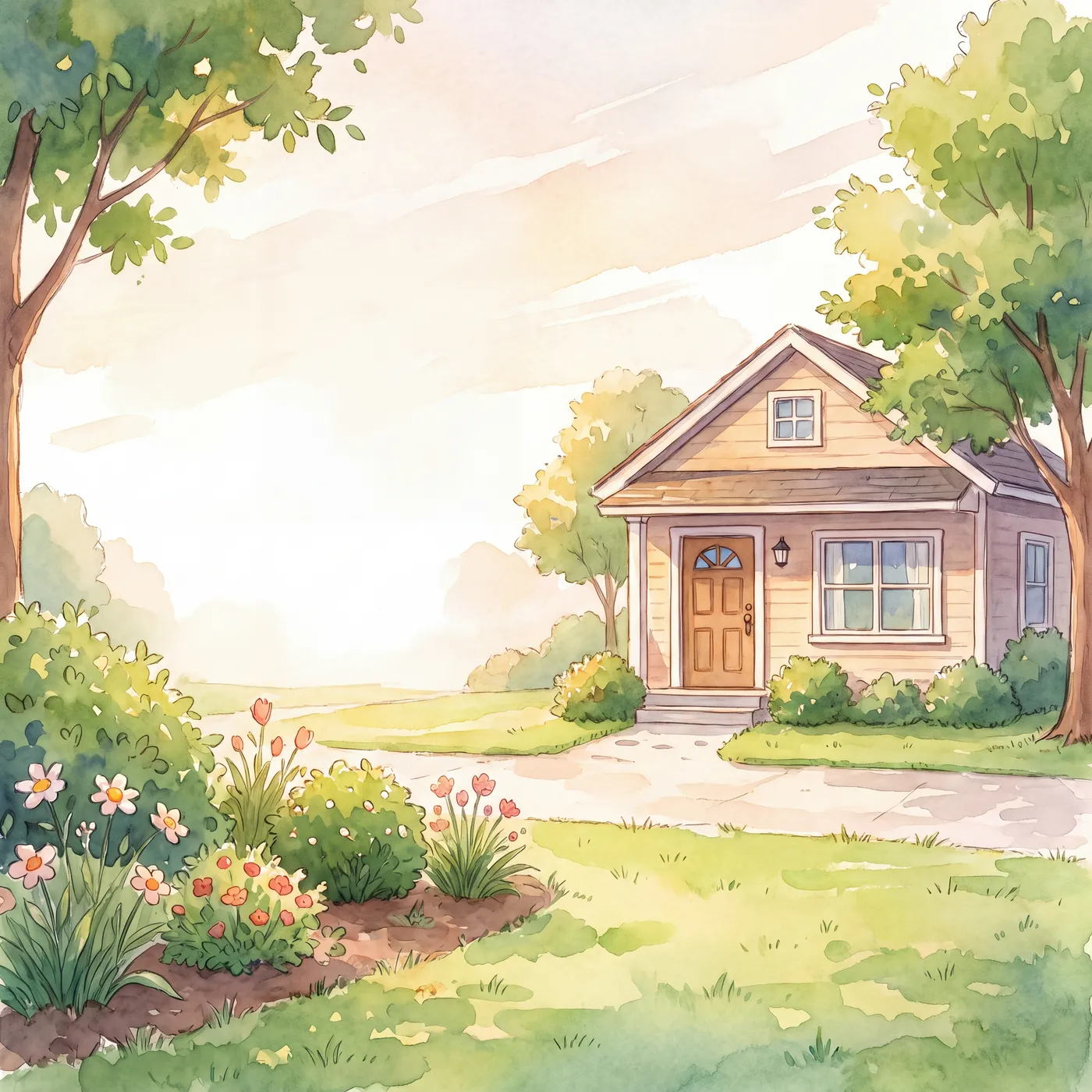 A sunlit cottage and flower garden, the boy's home at the end of his first school day.