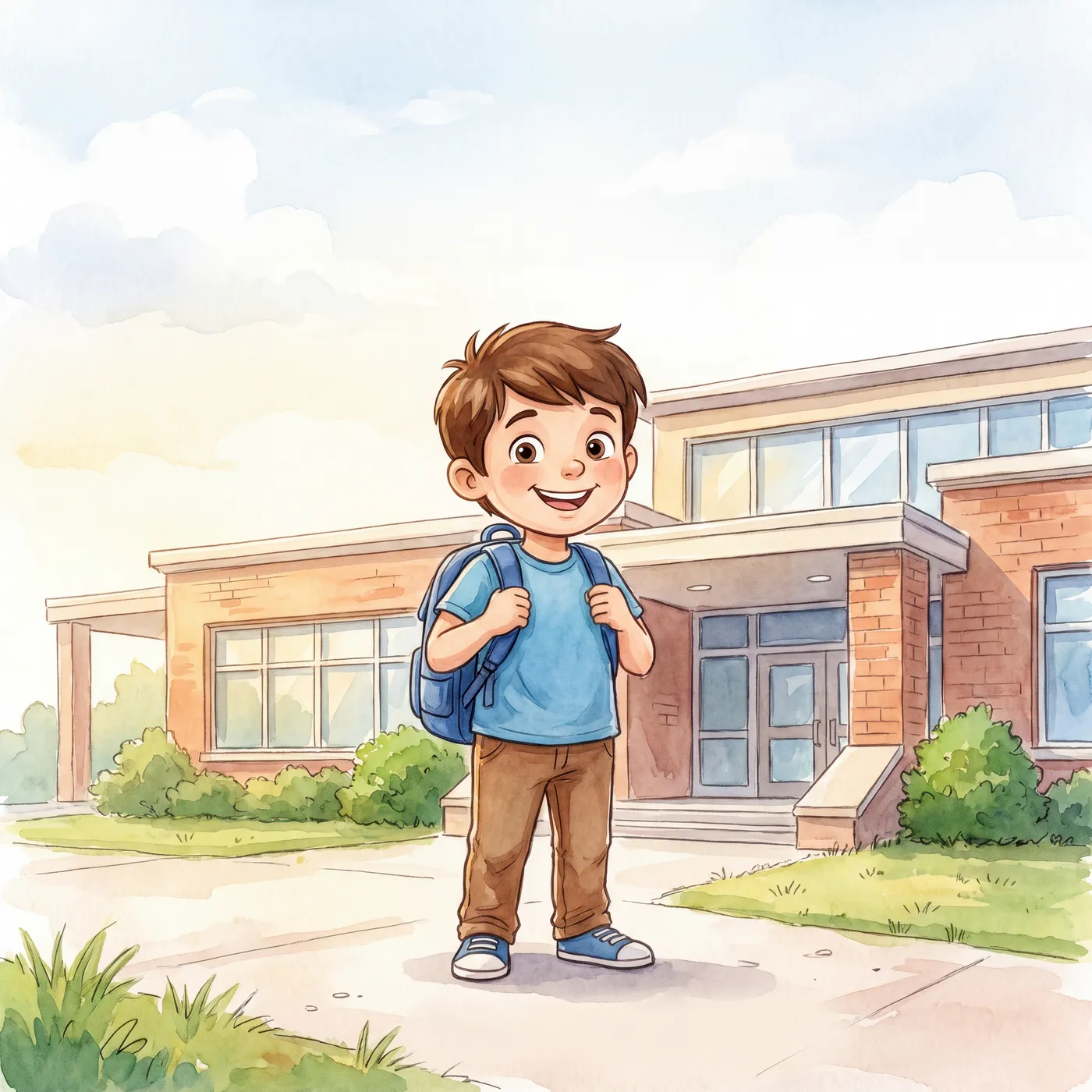 A smiling boy with a blue backpack stands in front of a welcoming school on a bright morning.