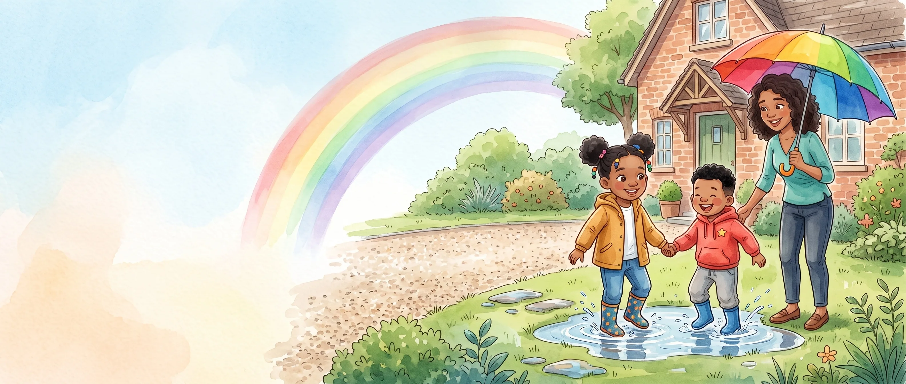 Maya and Noah hold hands while splashing playfully in a rain puddle in the front garden, while Mum Amara smiles warmly beside them under a bright colorful rainbow.