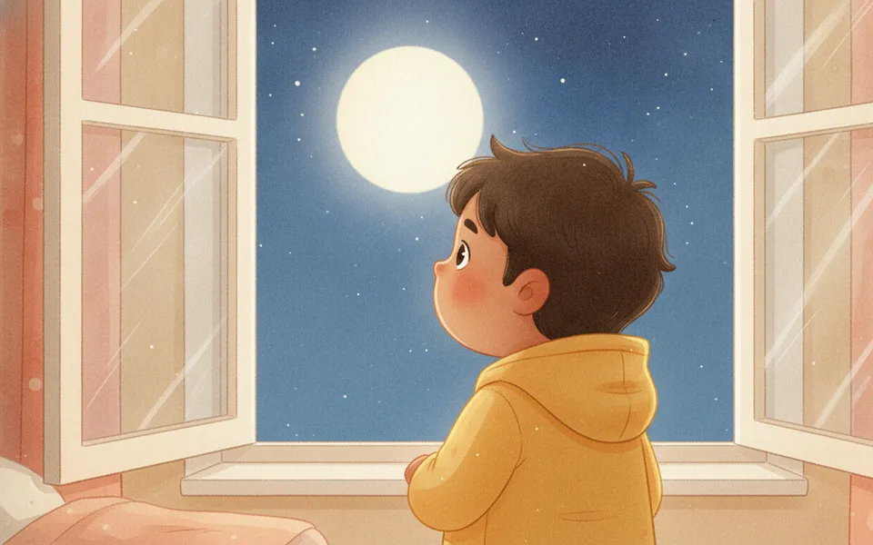 Ravi illustrated for “Goodnight, Little Moon” — at the window looking up at a big round moon in a starry sky.