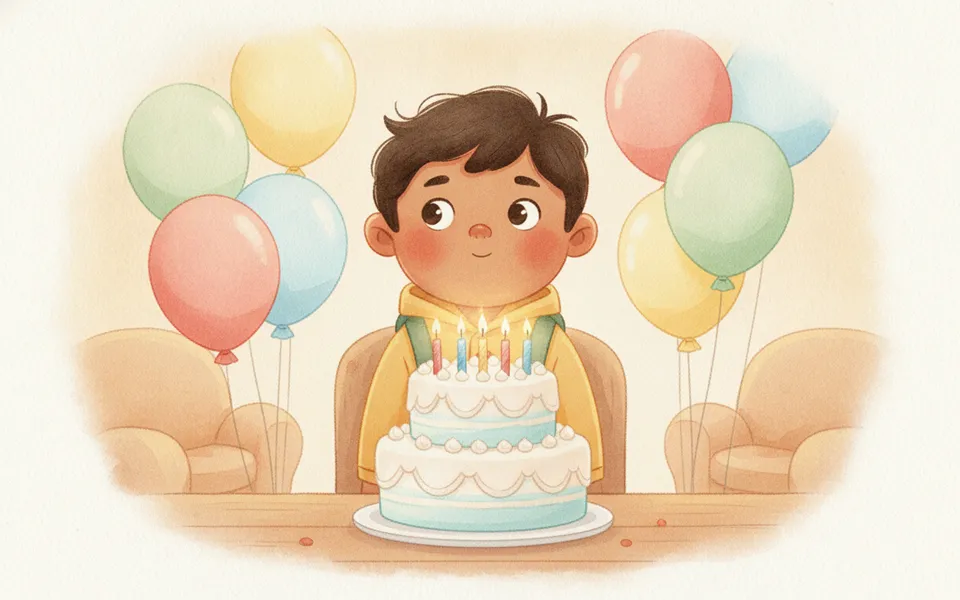 Ravi illustrated for “The Birthday Adventure” — in front of a birthday cake with lit candles and balloons.
