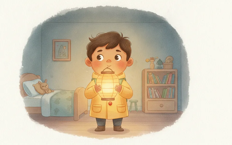 Ravi illustrated for “Braver Than I Know” — holding a glowing paper lantern in a cosy bedroom at night.