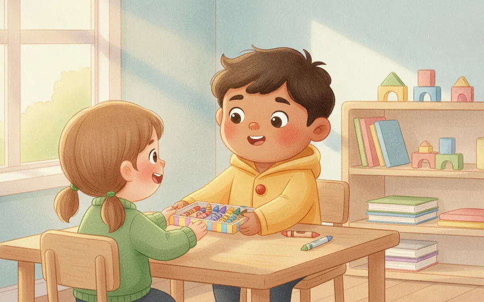 Ravi illustrated for “Sharing Is Caring” — sharing a box of colourful crayons with a friend at a classroom table.