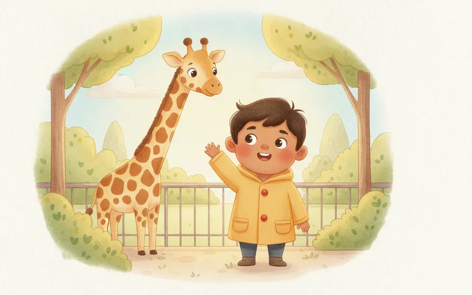 Ravi illustrated for “A Day at the Zoo” — waving at a tall, friendly giraffe on a sunny day.